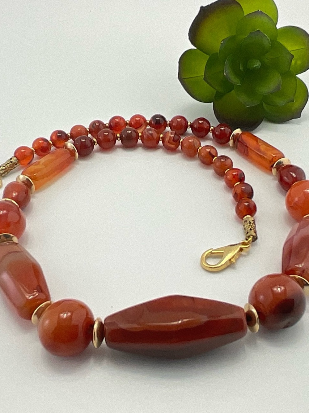 Vintage Carnelian Necklace with Gold Plate Accent Beads, BoHo, 18 1/2" Long - Picture 7 of 11
